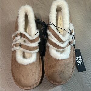 Madden NYC Women's Tan Suede Shearling-Lined Clog Mules